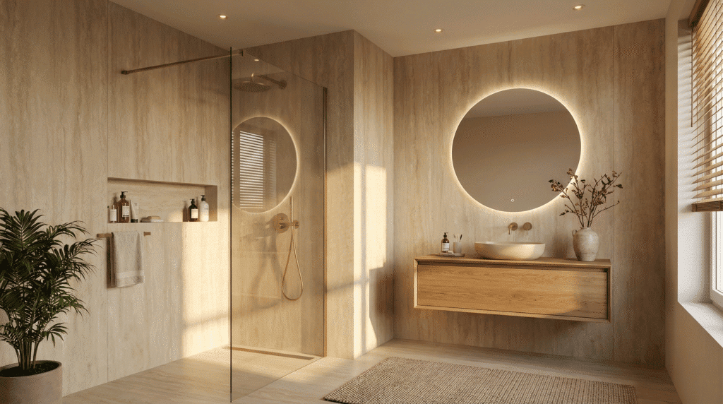 Luxe moderne badkamer met naadloze beige travertin wandpanelen, zwevend houten meubel en inloopdouche in warm daglicht.