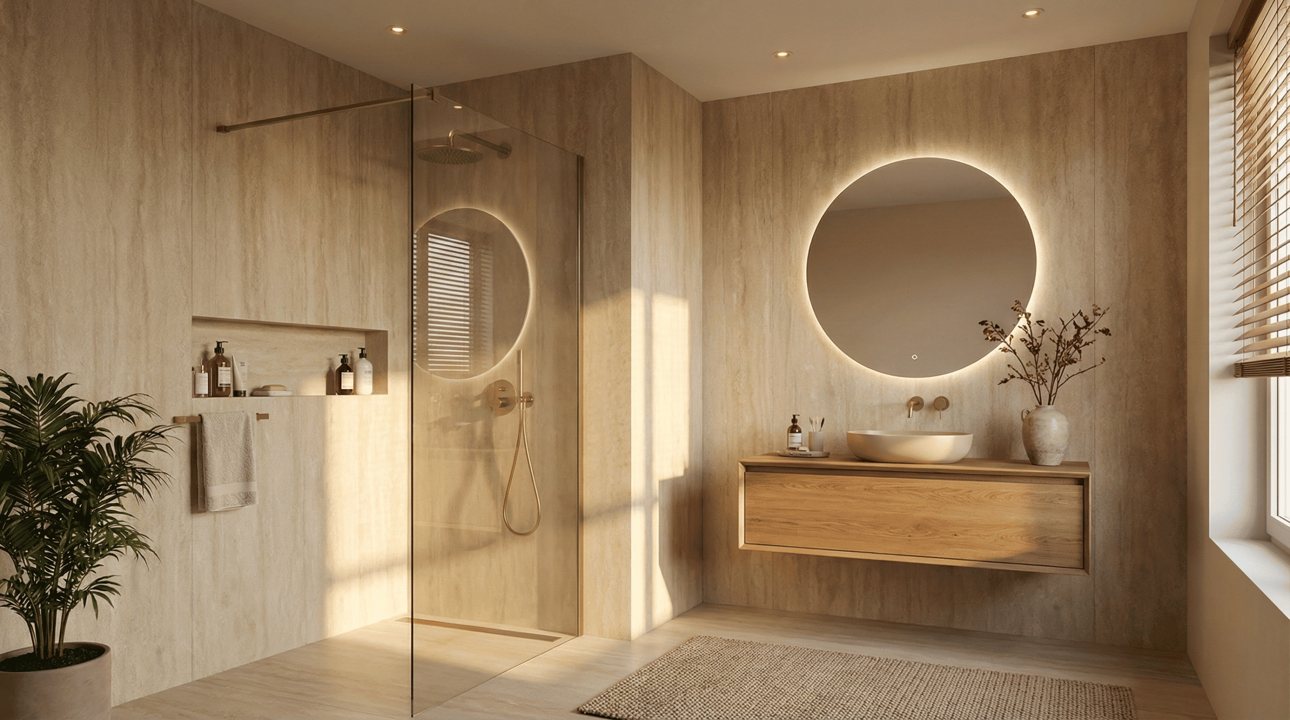 Luxe moderne badkamer met naadloze beige travertin wandpanelen, zwevend houten meubel en inloopdouche in warm daglicht.