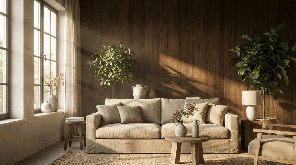 Realistische moderne woonkamer met luxe donkere houten wandpanelen, lichte bank en natuurlijk daglicht.