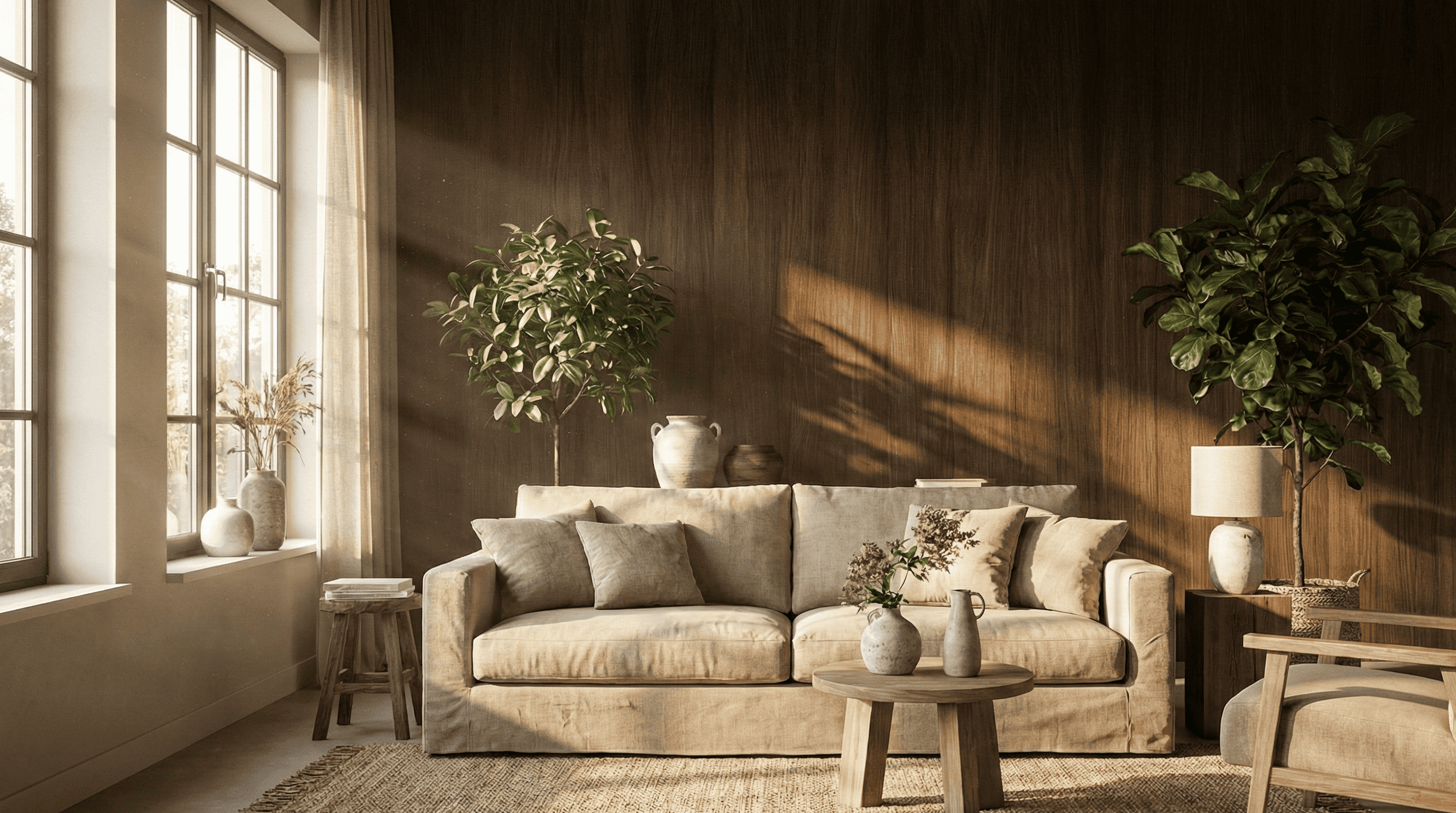 Realistische moderne woonkamer met luxe donkere houten wandpanelen, lichte bank en natuurlijk daglicht.