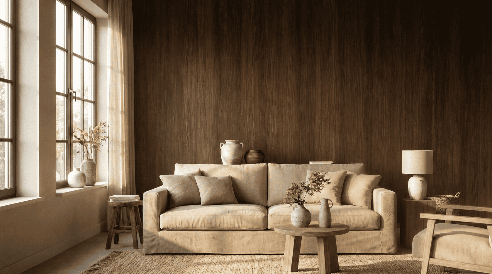 Woonkamer met houten wandpaneel Donker Eiken Klassiek