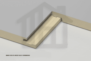 Detail van een paneelrand met het veer-en-groef kliksysteem naast een 5mm stomp paneel