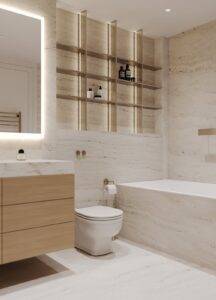 Moderne badkamerwand bekleed met waterbestendige wandpanelen