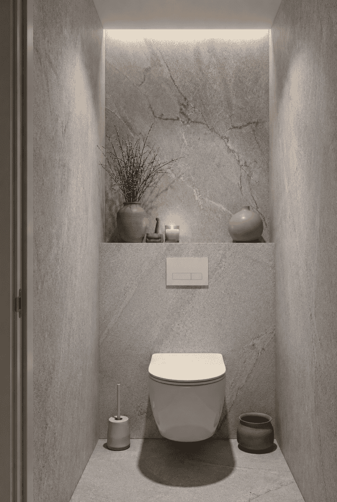 Klein toilet met wandpanelen in natuursteenlook, een verlichte nis en een hangend toilet