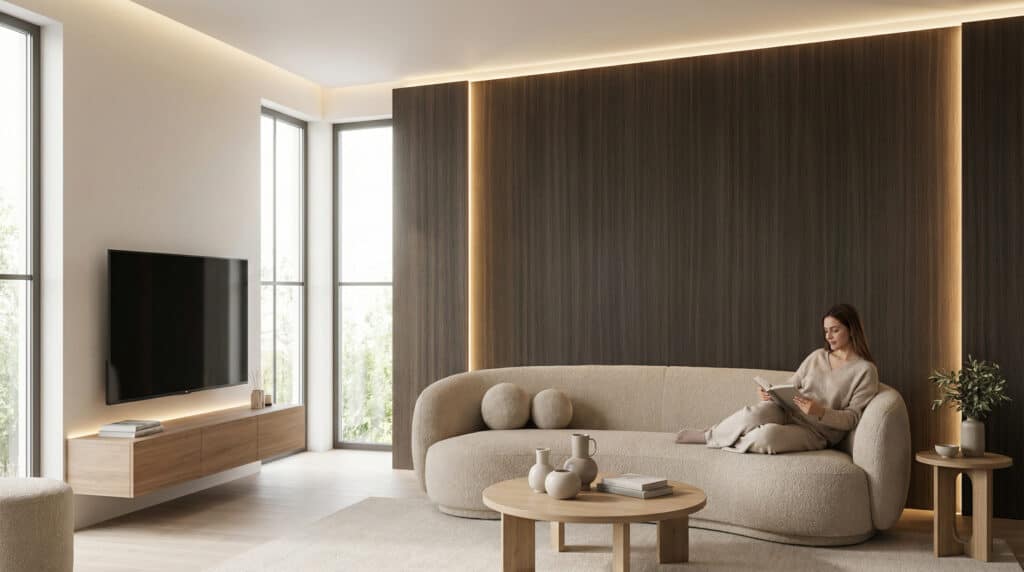 Luxe donker houten wandpanelen met verticale structuur en geïntegreerde LED-accentverlichting in een moderne woonkamer, toegepast achter een beige designbank.