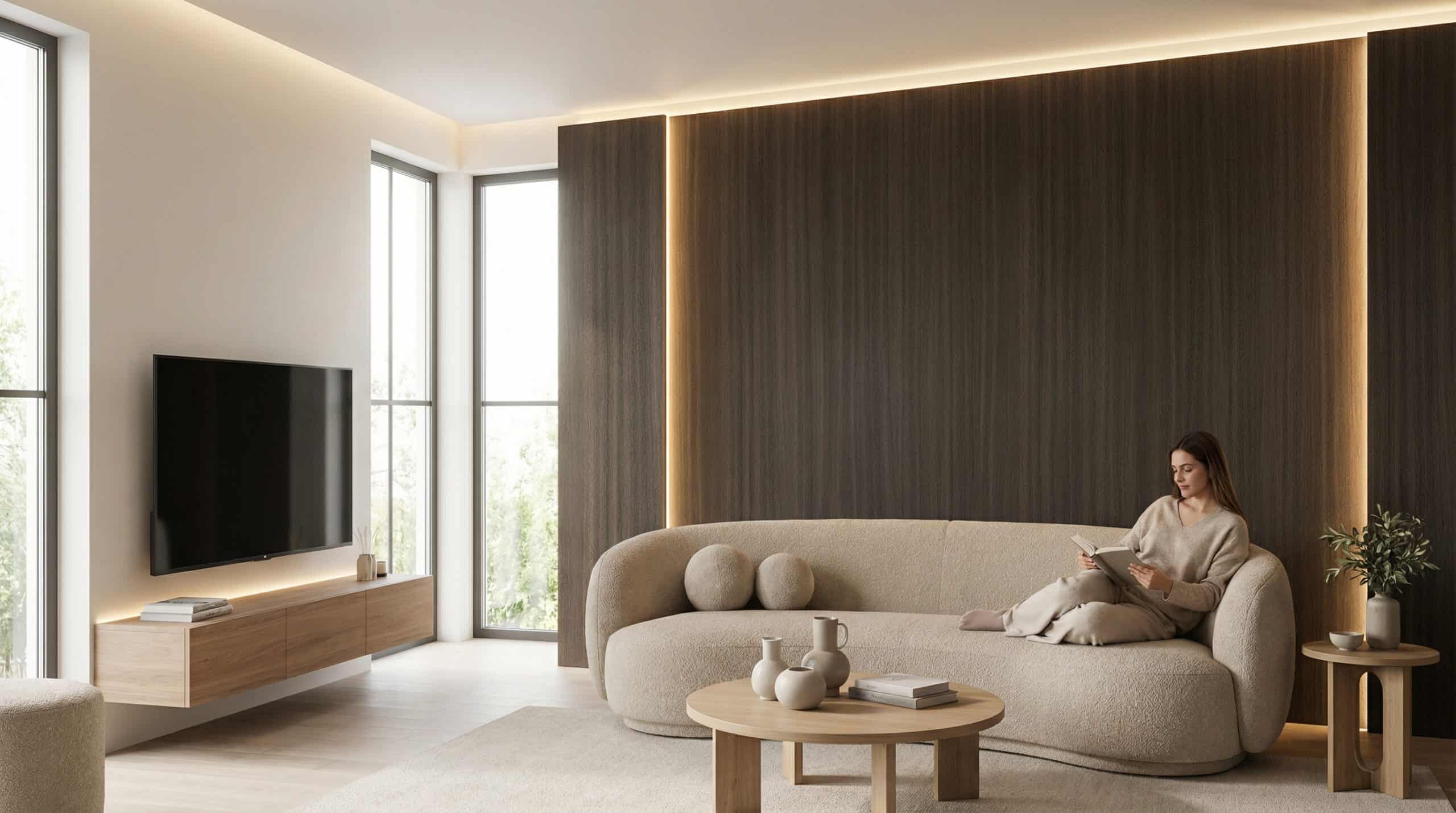 Luxe donker houten wandpanelen met verticale structuur en geïntegreerde LED-accentverlichting in een moderne woonkamer, toegepast achter een beige designbank.